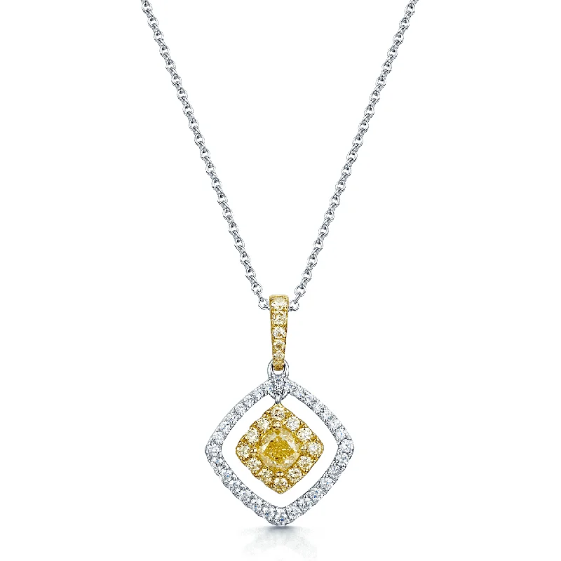 Classic Crystal Necklace with Diamond Accents-18ct White Gold Yellow Diamond And Diamond Fancy Off Set Cushion Shape Pendant