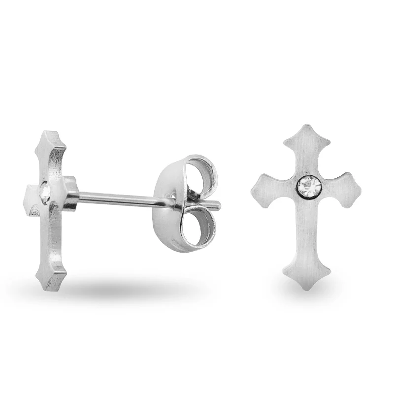 Boho Silver Earrings for Women-Stainless Steel Cross CZ Earrings / ERJ3132