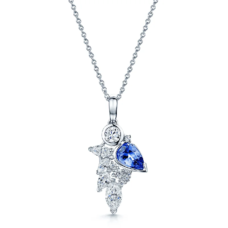 Classic Gold Necklace with Birthstone Pendant-18ct White Gold Pear Tanzanite & Marquise Diamond Cascade Cluster Pendant