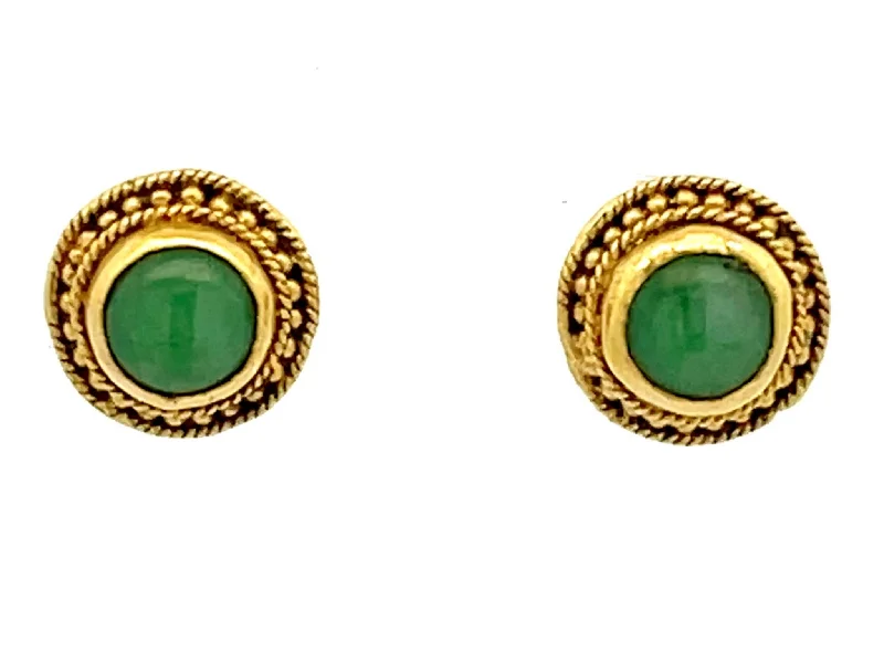 Crystal Enamel Earrings-Cabochon Jade Stud Earrings 10k Yellow Gold