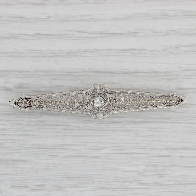 Retro Crystal Brooch-Vintage Filigree 0.27ct Diamond Bar Pin 14k Gold Platinum Brooch VS2 Old Mine