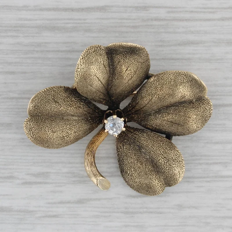 Personalized Brooch For Women-Diamond 4 Leaf Clover Brooch 14k Yellow Gold Good Luck Shamrock Pin