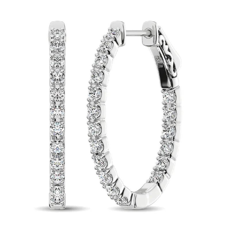 Shiny Crystal Earrings for Evening-14K White Gold Diamond 9/10 Ct.Tw. In and Out Hoop Earrings