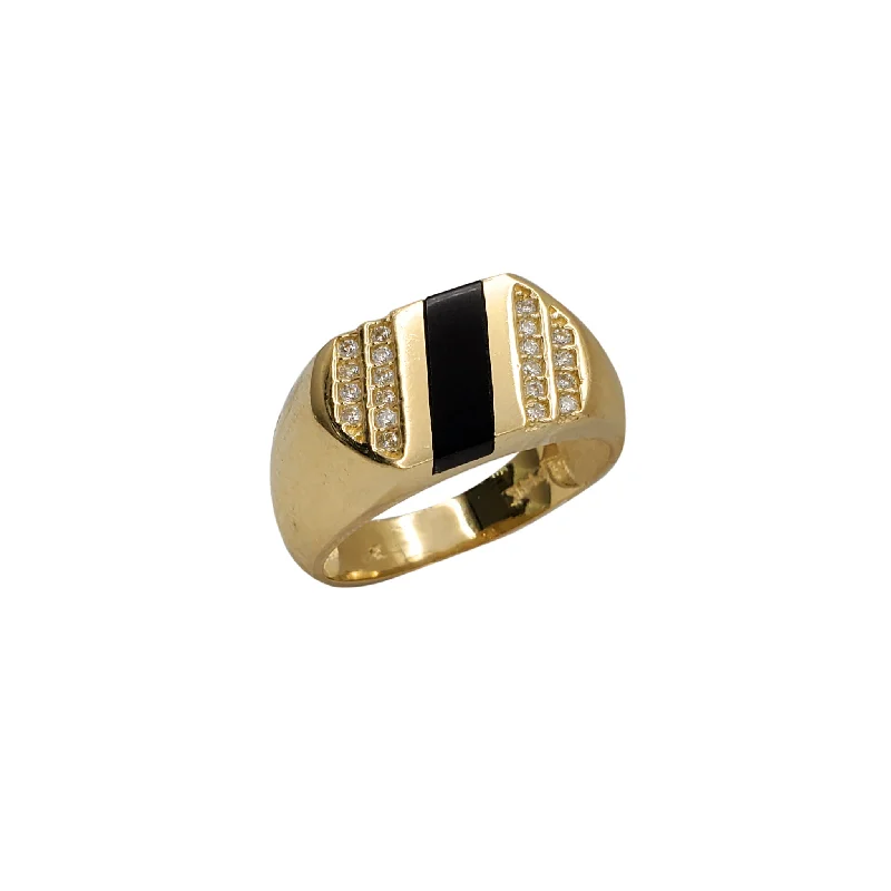 Simple Gemstone Ring for Casual Style-Zirconia & Black Onyx Regal Rectangle Signet Ring (14K)