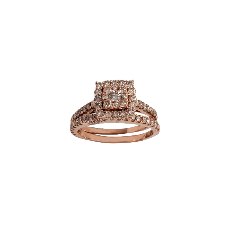 Luxury Rose Gold Ring with Emerald-Diamond Square Two-Piece-Set Engagement Ring (14K)