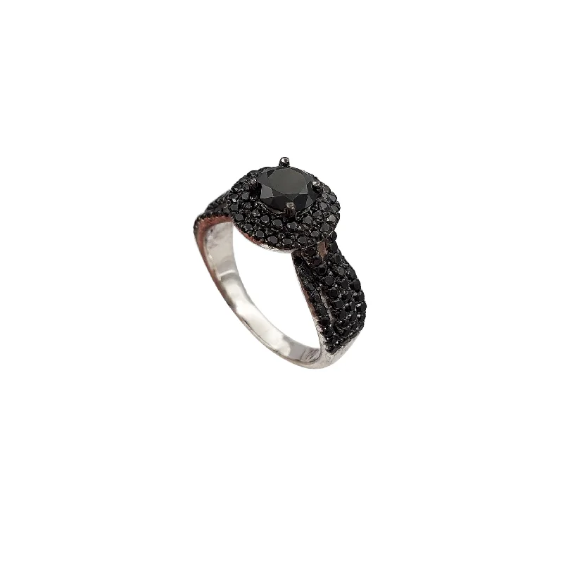 Customizable Men’s Wedding Ring with Personalized Text-Iced-Out Black CZ Ring (Silver)