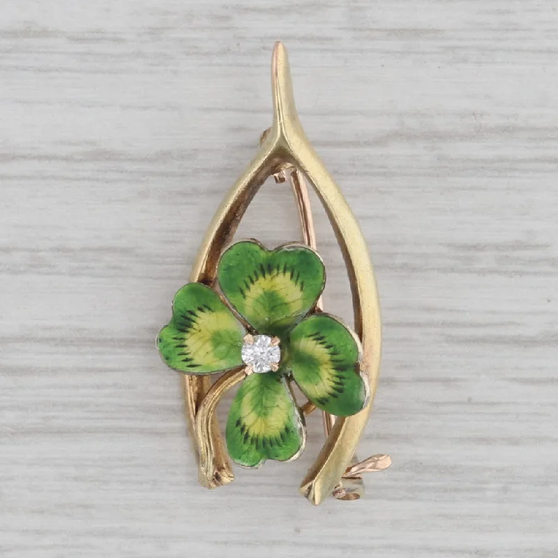 Classic Brooch For Women-Vintage Lucky Brooch Green Shamrock Diamond Wishbone Pin 14k Yellow Gold