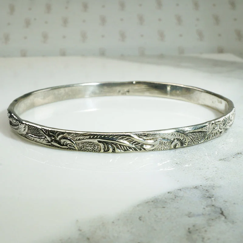 Personalized Birthstone Bangles for Family Events-Rainforest Engraved Sterling Taxco Bangle