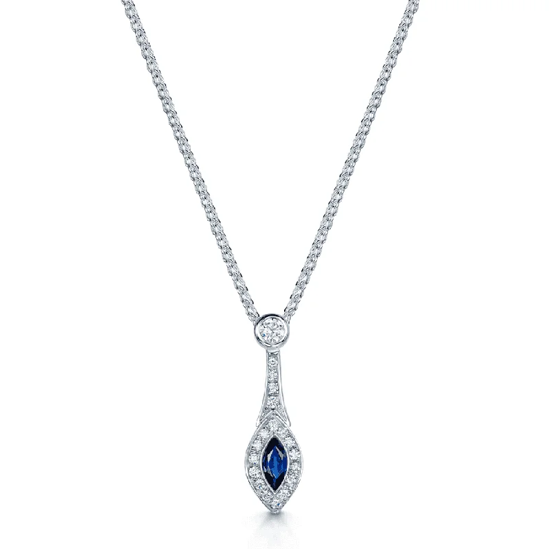 Long Silver Necklace with Diamond Pendant-18ct White Gold Marquise Cut Sapphire & Round Brilliant Cut Diamond Cluster Pendant