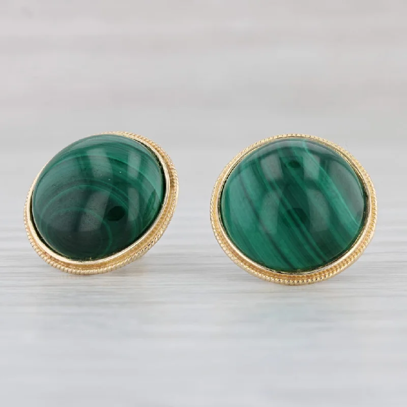 Statement Earrings for Bridesmaids-Green Malachite Cabochon Stud Earrings 10k Yellow Gold