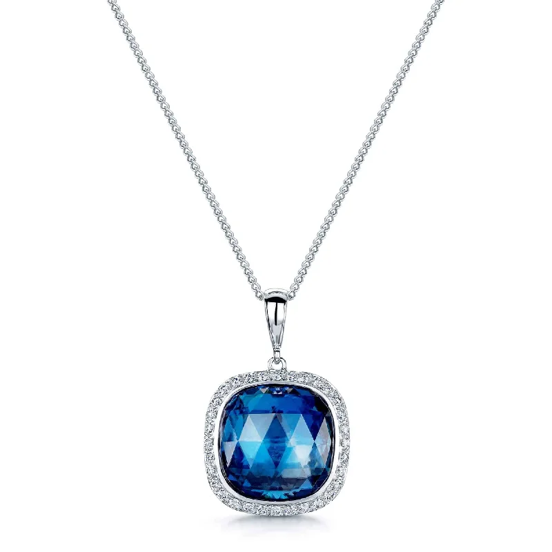 Elegant Necklace with Amethyst Pendant-18ct White Gold Cushion Cut Topaz Diamond Halo Pendant