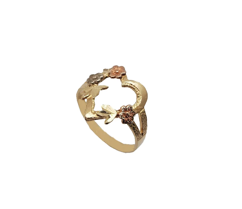 Luxury Rose Gold Ring with Emerald-Tricolor Heart & Flowers Frame Ring (14K)