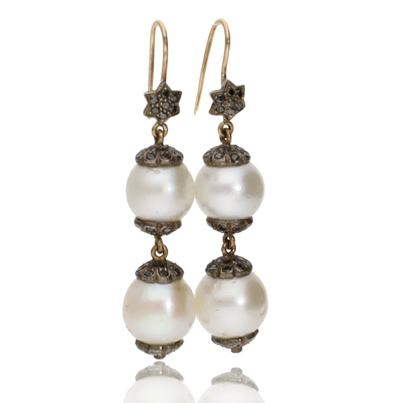 Gold Stud Earrings with Colored Stones-Oxidized Sterling Silver and 14K Gold Pearl and Diamond Drop Earrings