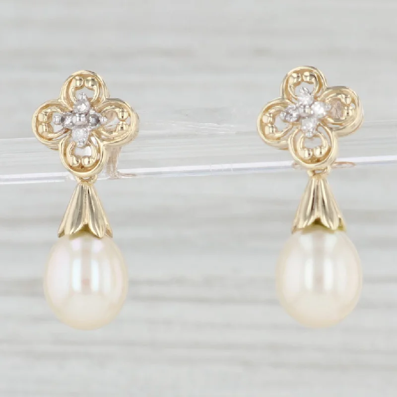 Luxury Gold Earrings for Weddings-Cultured Pearl Teardrop Diamond Flower Earrings 10k Yellow Gold Drops