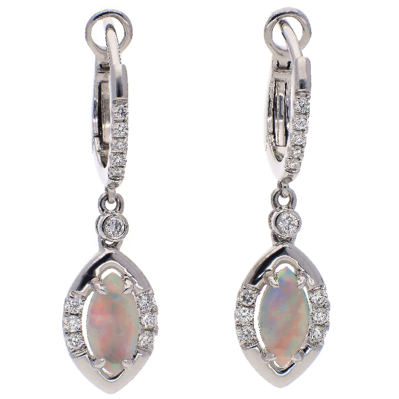 Customizable Hoop Earrings-14K White Gold Marquise Cut Opal and Diamond Dangle Earrings