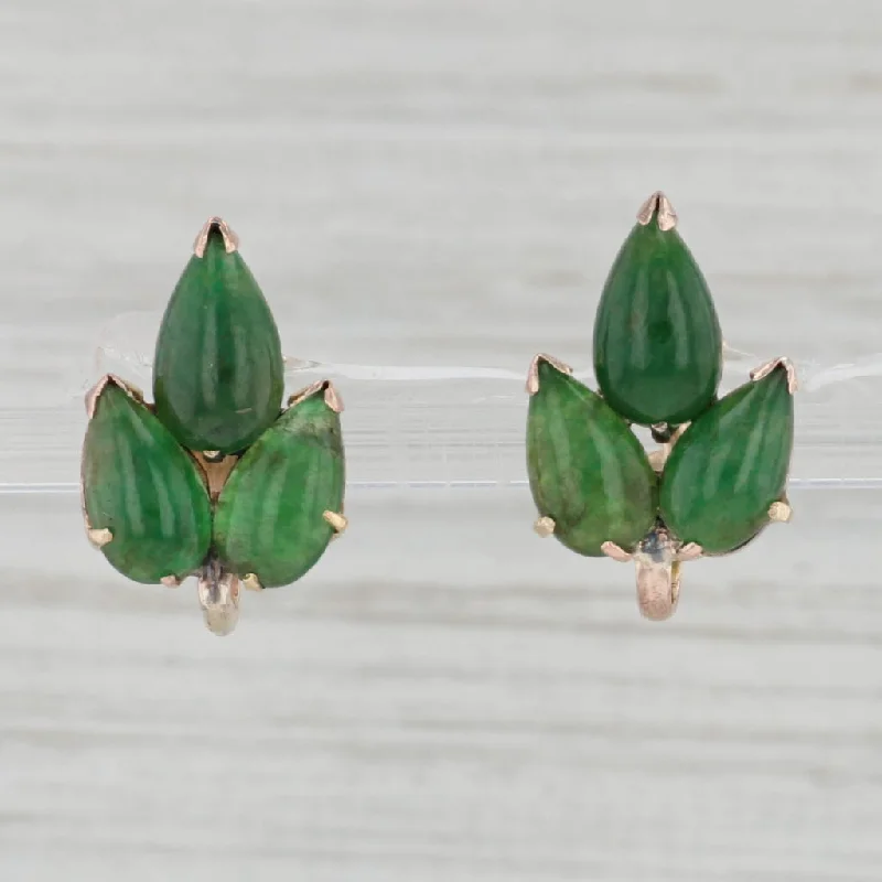 Custom Birthstone Earrings for Gifts-Vintage Green Jadeite Jade Earrings 14k Yellow Gold Non Pierced Screw Back