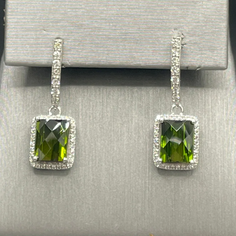 Gold Earrings for Special Occasions-14 KARAT WHITE GOLD DIAMOND AND GREEN TOURMALINE EARRINGS