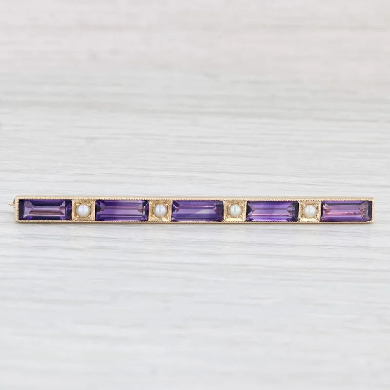 Brooch With Colorful Stones-Vintage 8.80ctw Amethyst Pearl Bar Pin 14k Yellow Gold Brooch