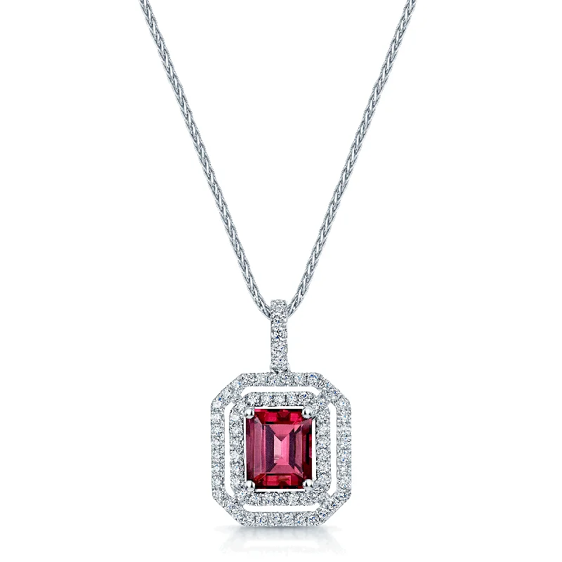 Simple Heart Necklace for Brides-18ct White Gold Rectangular Pink Tourmaline And Diamond Double Halo Pendant