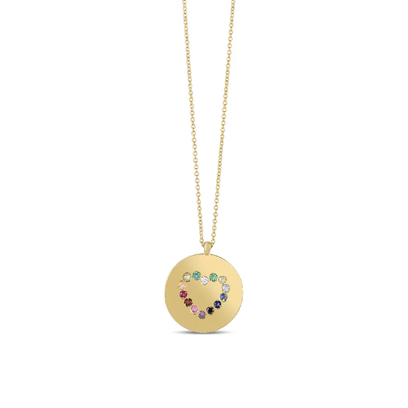 Statement Gold Necklace for Fashion Week-Multi-Color Gemstones Heart Medal Necklace (14K)