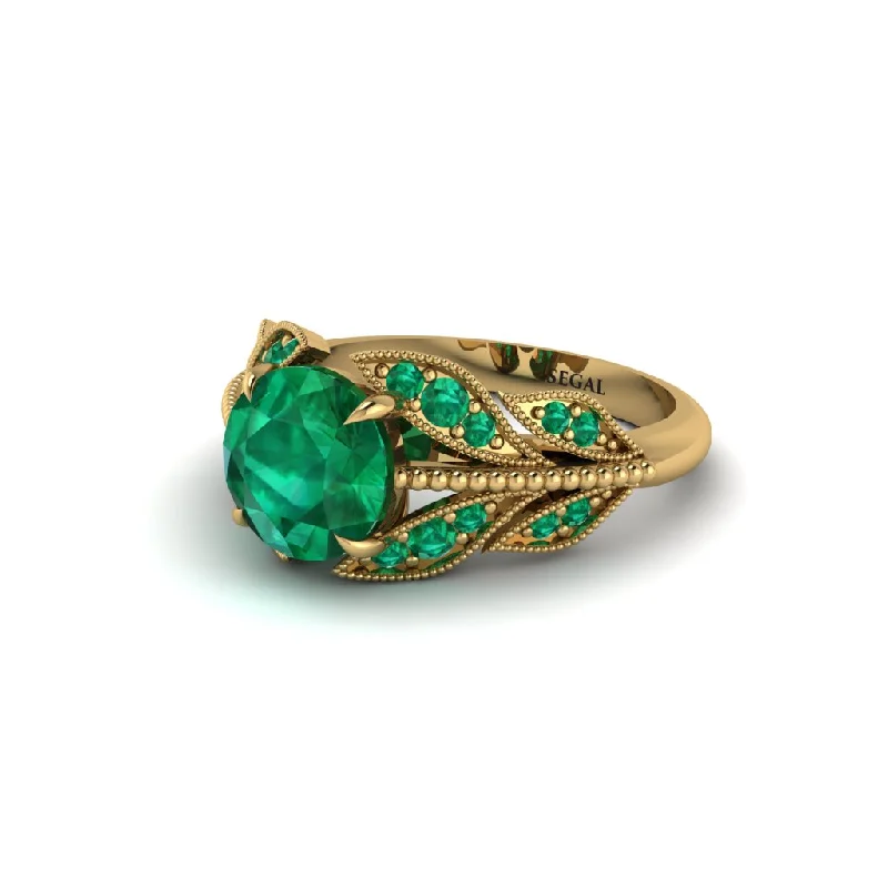 Classic Wedding Ring Set with Diamonds-Emerald Majestic Leaf Gold Engagement Ring - Makenna No. 19