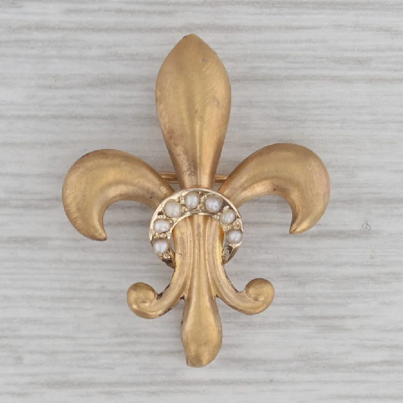 Romantic Heart Brooch-Antique Fleur De Lis Pin 10K Yellow Gold Matte Seed Pearl Brooch