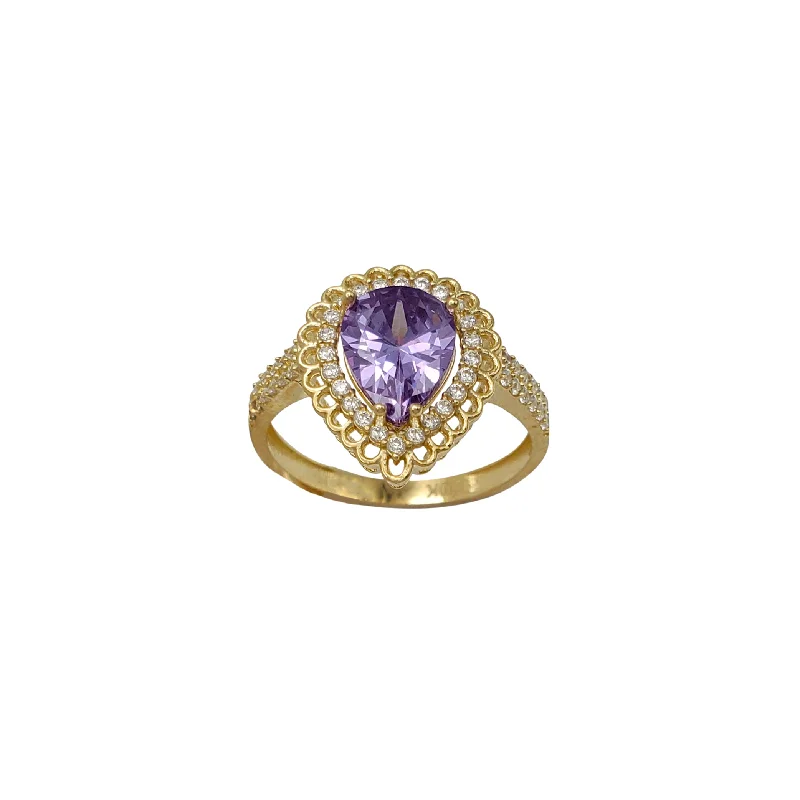 Classic Wedding Ring Set with Diamonds-Zirconia Pave Purple Teardrop Engagement Lady Ring (10K)