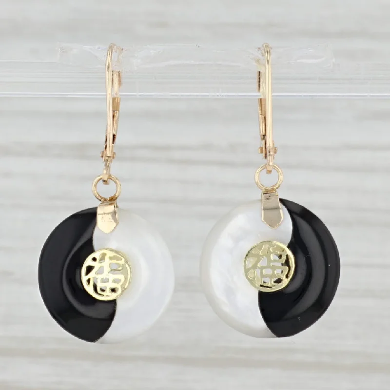 Fancy Gemstone Earrings-Mother of Pearl Onyx Yin Yang Earrings 14k Gold Chinese Character Good Luck