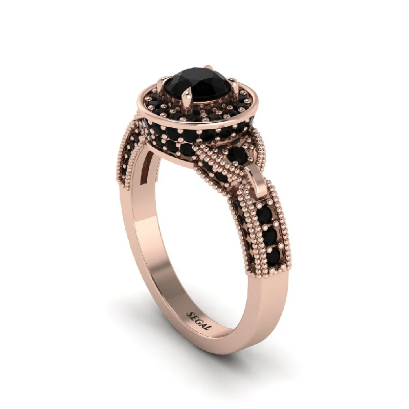 Simple Band Ring with Custom Name Engraving-Black Diamond Double Halo Handmade Engagement Ring - Gracelyn No. 38