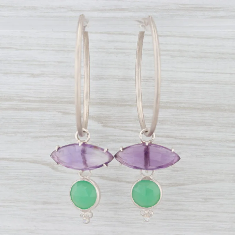 Sparkling Gemstone Earrings for Parties-New Nina Nguyen Hoop Earrings Sterling Amethyst Chrysoprase Moonstone Charms