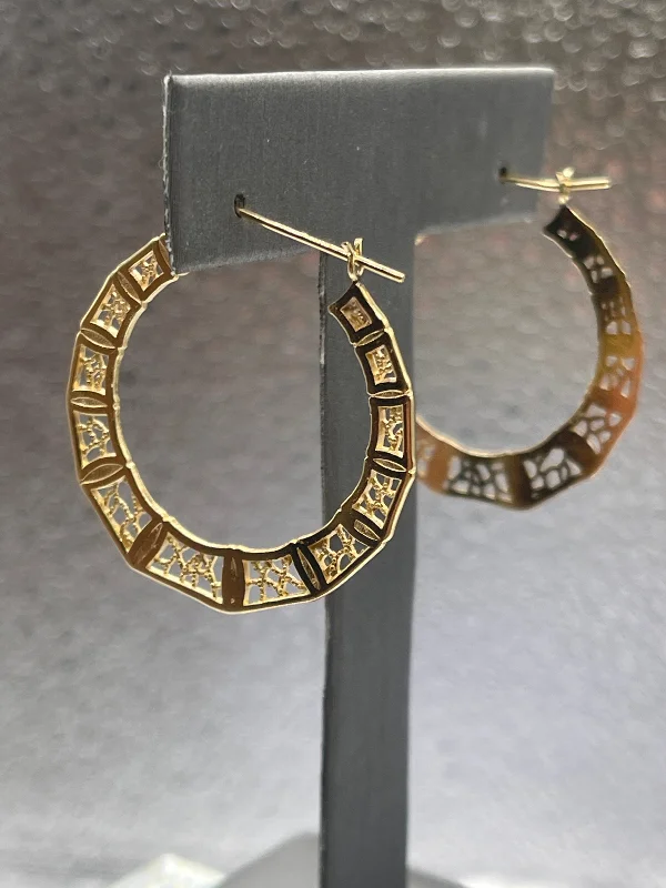 Customizable Hoop Earrings-Ladies 14 Karat Solid Yellow Gold Filigree Hoop Earrings