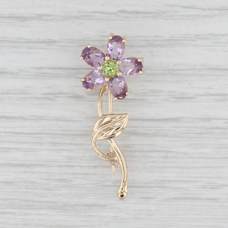 Designer Flower Brooch-2.55ctw Amethyst Peridot Flower Brooch 10k Yellow Gold Floral Pin