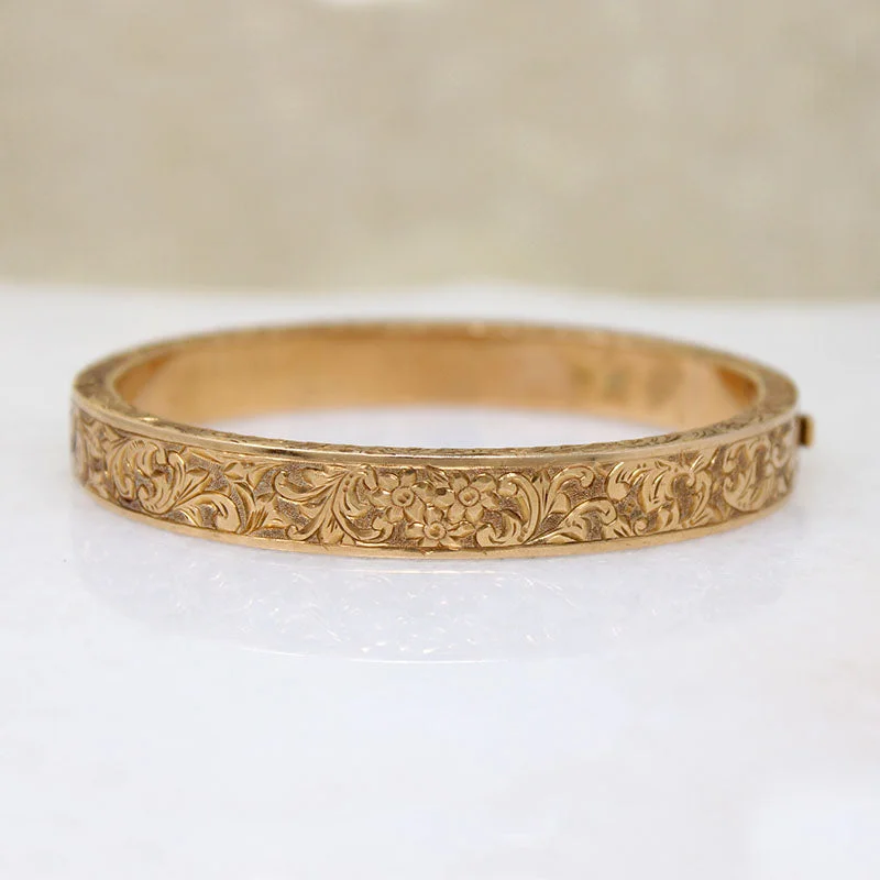 Personalized Charm Bangles with Custom Engraving-Elaborately Hand Engraved Gold Bangle Bracelet