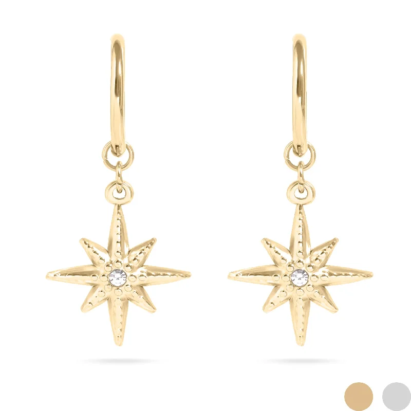 Handmade Hoop Earrings for Weddings-18K Gold PVD Huggie with Compass Charm with CZ Stone / ERJ0051