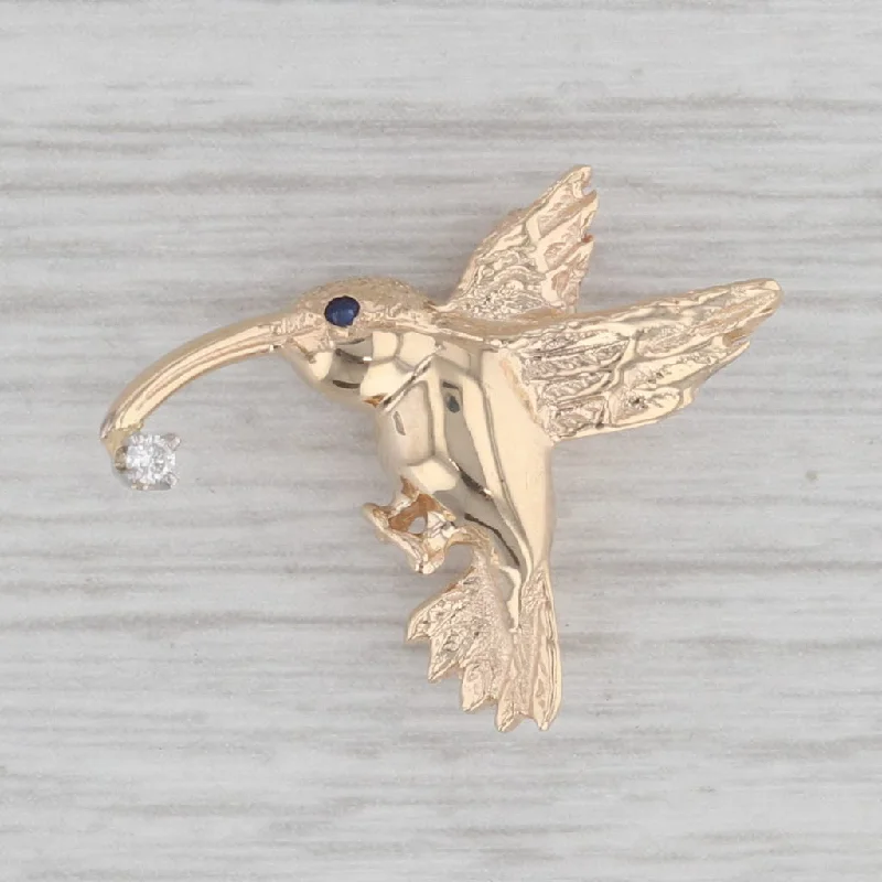 Vintage Brooch Pin Designs-Diamond Blue Sapphire Hummingbird Pin Pendant 14k Yellow Gold Brooch