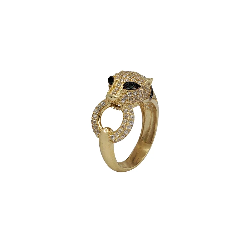 Unique Customizable Engagement Ring with Sapphire-Zirconia Green-Eyes Panther Head Ring (14K)