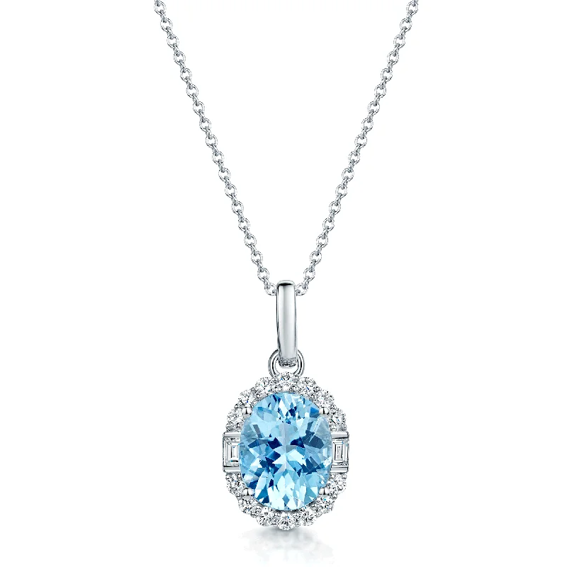 Luxury Crystal Necklace with Gold Accents-18ct White Gold Oval Cut Aquamarine And Diamond Halo Pendant