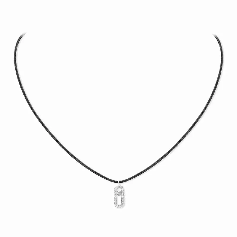 Trendy Silver Necklace for Summer Style-18ct White Gold Diamond Messika Cares Necklace On A Black Cord