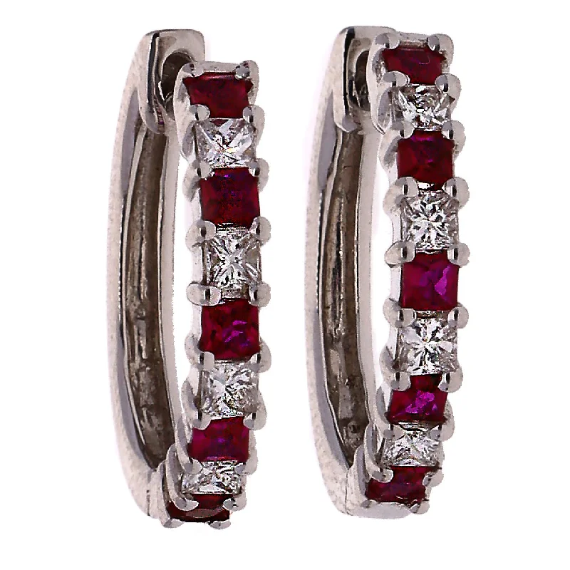 Fashionable Silver Hoop Earrings-14K White Gold Ruby & Diamond Huggie Hoop Earrings