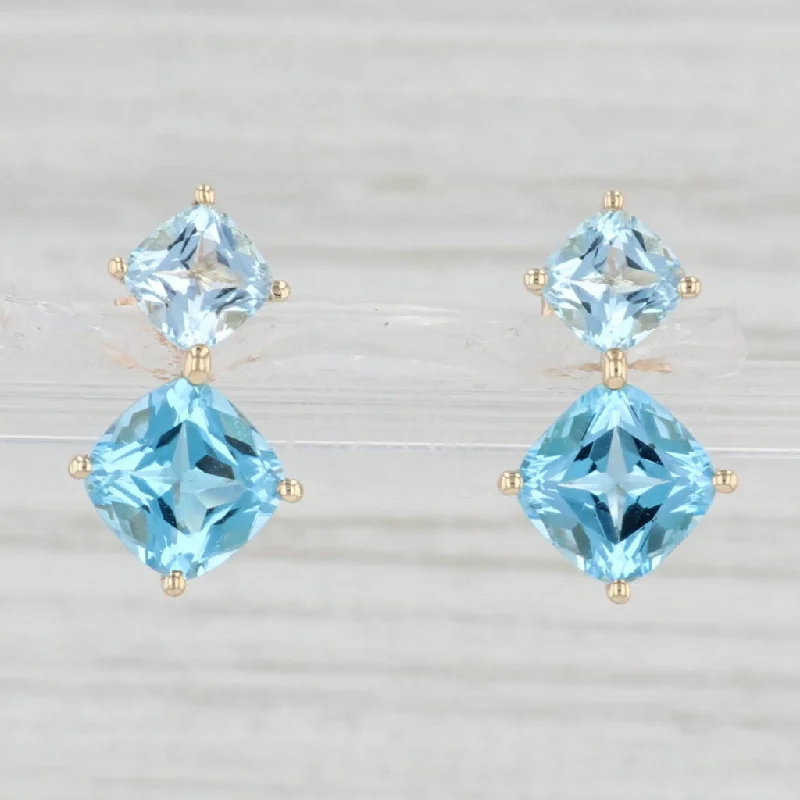 Personalized Charm Earrings-5ctw Cushion Princess Blue Topaz Drop Earrings 10k Yellow Gold