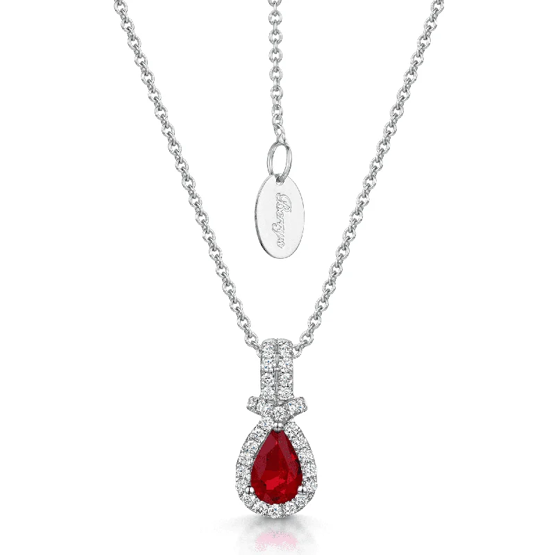 Bold Statement Necklace for Fashionistas-18ct White Gold Pear Cut Ruby And Double Diamond Halo Fancy Surround Pendant