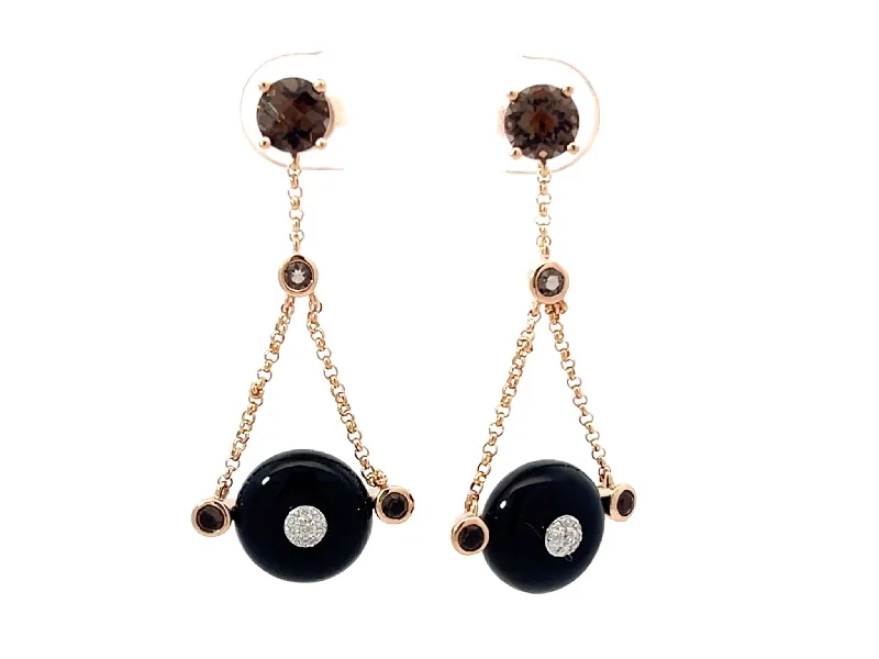 Swarovski Crystal Earrings for Brides-Round Black Agate Diamond and Smoky Topaz Dangly Earrings 14k Rose Gold