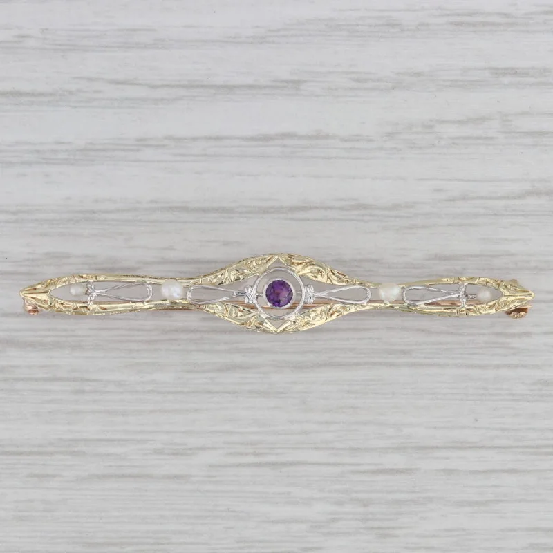 Colorful Brooch Pins-Vintage Seed Pearl 0.10ct Amethyst Ornate Bar Pin 14k Gold Brooch