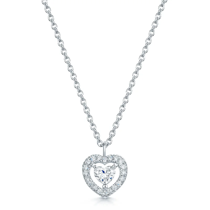 Simple Gold Necklace with Minimalist Pendant-18ct White Gold Heart Diamond Halo Pendant