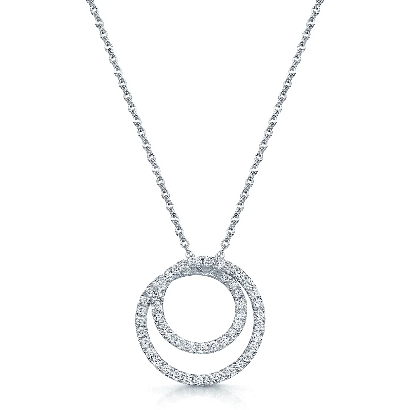 Dainty Gold Necklace with Small Pendant-18ct White Gold Diamond Double Fine Circle Fancy Pendant