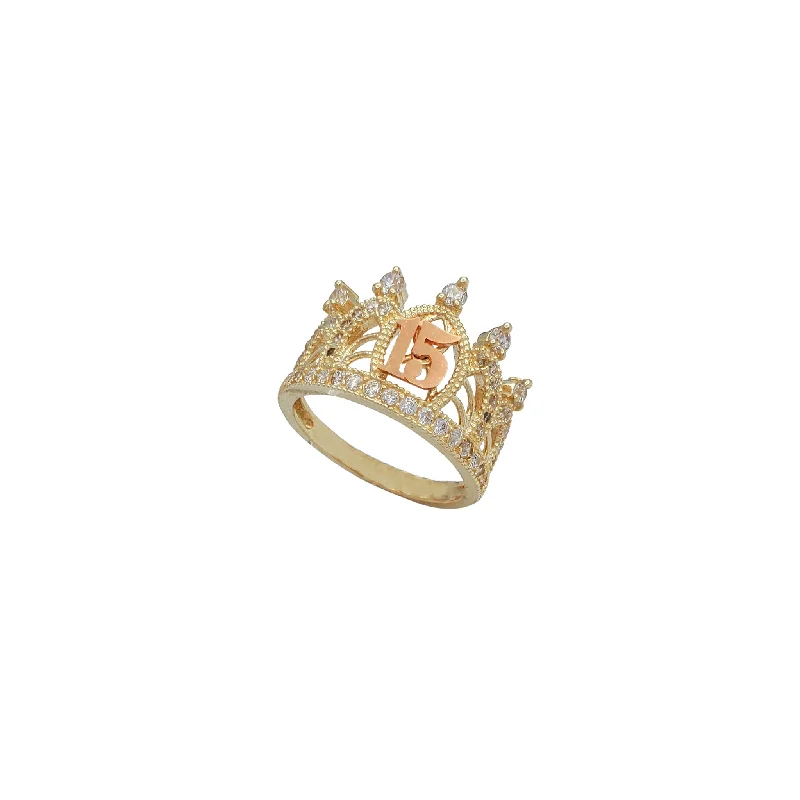 Simple Silver Band with Engraving for Anniversary-Zirconia Two-Tone 15 Years Crown/Tiara Ring (14K)