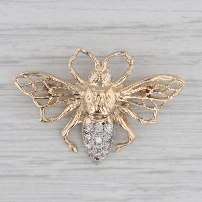 Large Brooch For Winter Coats-0.30ctw Diamond Bee Pin 14k Yellow White Gold Insect Brooch