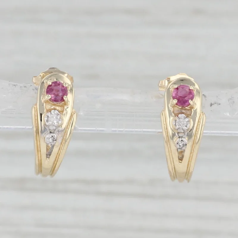 Small Gold Earrings for Work-0.16ctw Ruby Diamond J-Hook Earrings 14k Yellow Gold Pierced Drops