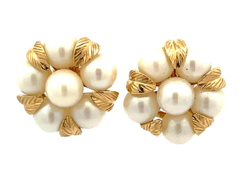 Small Gold Earrings for Work-Mings Pearl Flower and Gold Leaf Earrings in 14k Yellow Gold