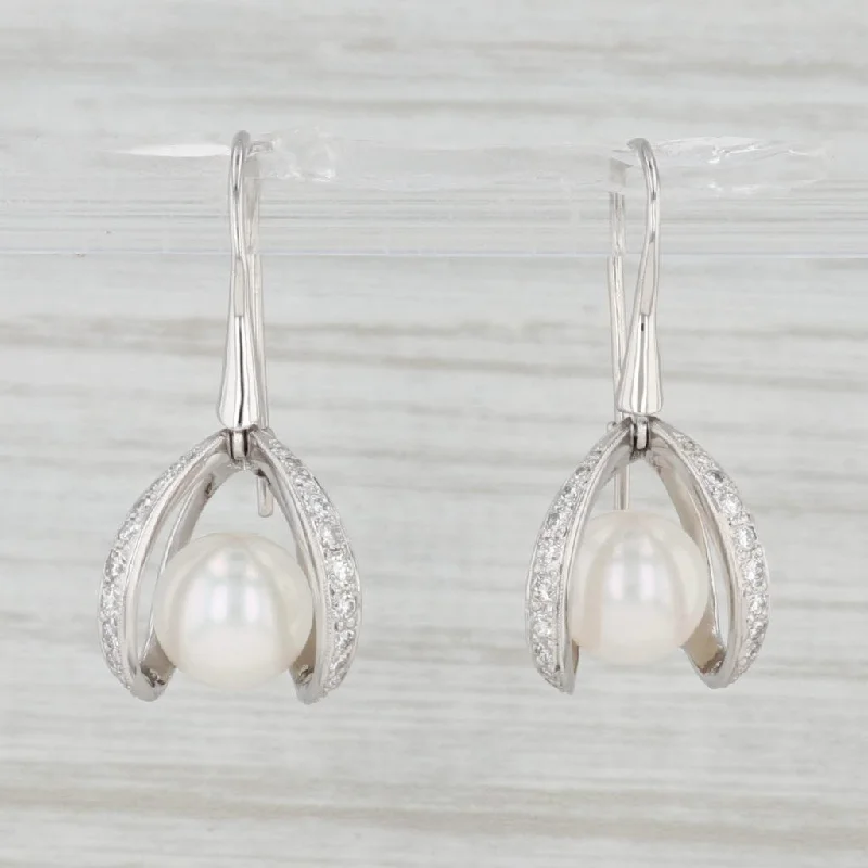 Simple Gold Earrings for Casual Wear-Cultured Pearl Diamond Dangle Earrings 900 Platinum Hook Posts